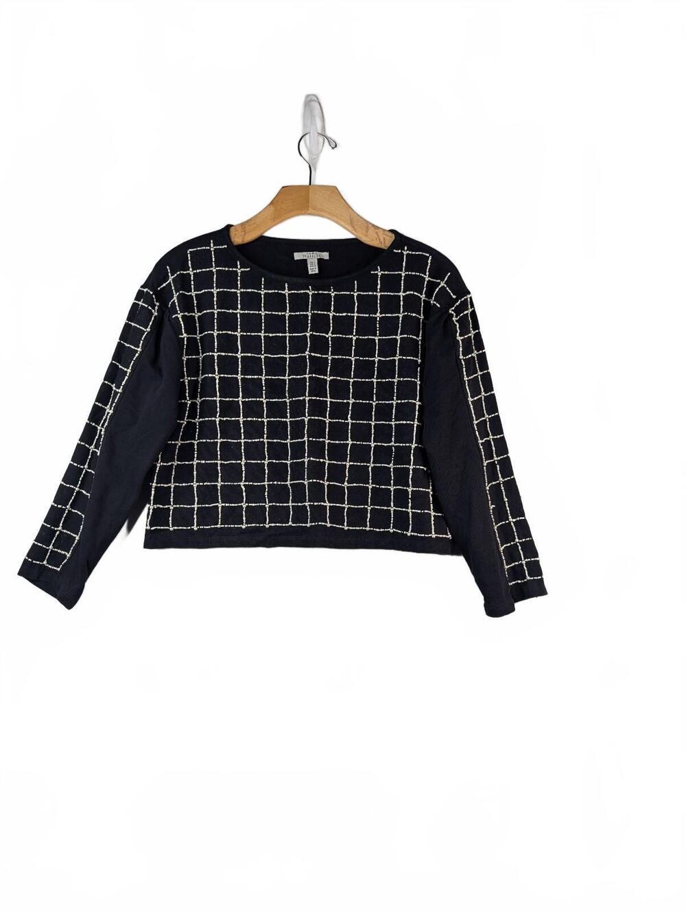 Zara Trafaluc Black Crop Knit Sweater with Beaded Grid Pattern, Size S
